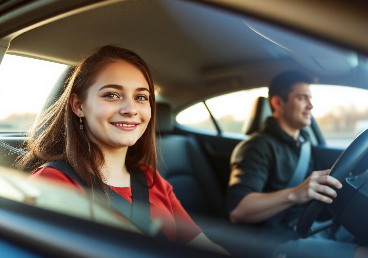 Ontspannen leerling in een lesauto naast de instructeur