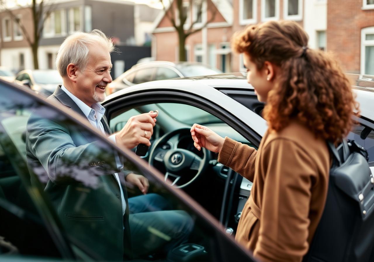 Rijinstructeur overhandigt autosleutels aan een leerling